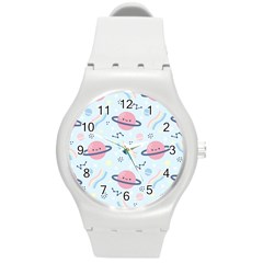 Cute Planet Space Seamless Pattern Background Round Plastic Sport Watch (m) by BangZart