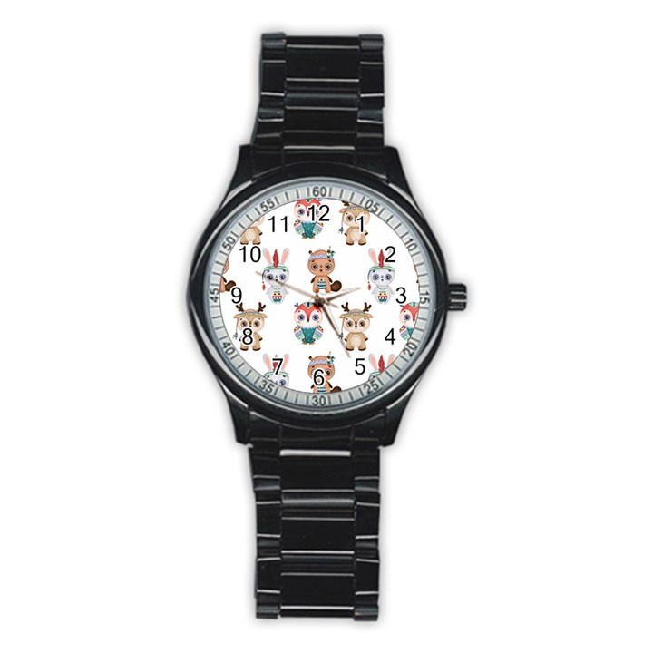 Cute cartoon boho animals seamless pattern Stainless Steel Round Watch