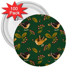 Cute Seamless Pattern Bird With Berries Leaves 3  Buttons (100 Pack) 