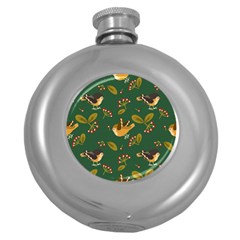 Cute Seamless Pattern Bird With Berries Leaves Round Hip Flask (5 Oz) by BangZart