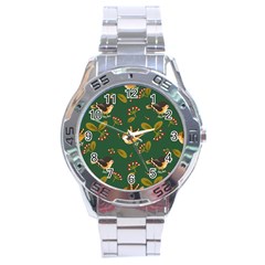 Cute Seamless Pattern Bird With Berries Leaves Stainless Steel Analogue Watch by BangZart