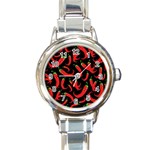 Seamless vector pattern hot red chili papper black background Round Italian Charm Watch Front