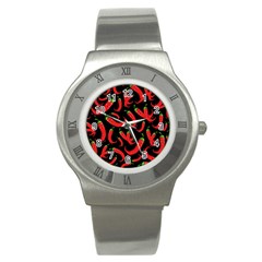 Seamless Vector Pattern Hot Red Chili Papper Black Background Stainless Steel Watch by BangZart