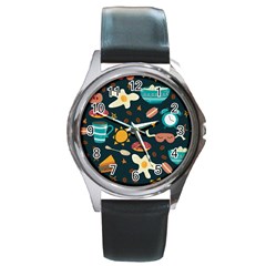 Seamless pattern with breakfast symbols morning coffee Round Metal Watch