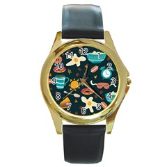 Seamless pattern with breakfast symbols morning coffee Round Gold Metal Watch