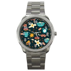 Seamless pattern with breakfast symbols morning coffee Sport Metal Watch