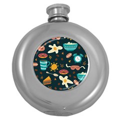 Seamless pattern with breakfast symbols morning coffee Round Hip Flask (5 oz)