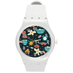 Seamless pattern with breakfast symbols morning coffee Round Plastic Sport Watch (M)