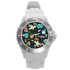 Seamless pattern with breakfast symbols morning coffee Round Plastic Sport Watch (L)