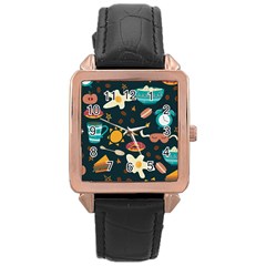 Seamless pattern with breakfast symbols morning coffee Rose Gold Leather Watch 