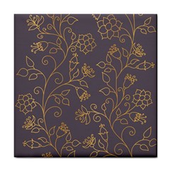 Seamless Pattern Gold Floral Ornament Dark Background Fashionable Textures Golden Luster Tile Coaster by BangZart