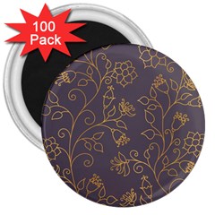 Seamless Pattern Gold Floral Ornament Dark Background Fashionable Textures Golden Luster 3  Magnets (100 Pack) by BangZart