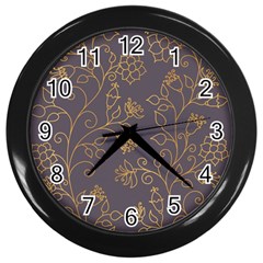 Seamless Pattern Gold Floral Ornament Dark Background Fashionable Textures Golden Luster Wall Clock (black) by BangZart