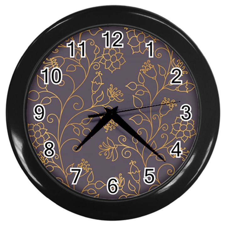 Seamless pattern gold floral ornament dark background fashionable textures golden luster Wall Clock (Black)