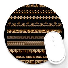 Set Antique Greek Borders Seamless Ornaments Golden Color Black Background Flat Style Greece Concept Round Mousepads by BangZart