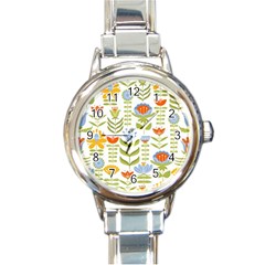 Seamless Pattern With Various Flowers Leaves Folk Motif Round Italian Charm Watch by BangZart