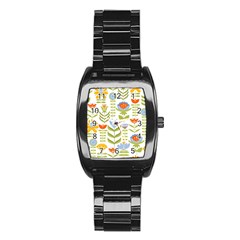 Seamless Pattern With Various Flowers Leaves Folk Motif Stainless Steel Barrel Watch by BangZart