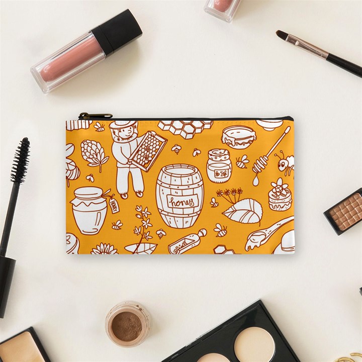 Vector honey element doodle seamless pattern with beehive beeke Cosmetic Bag (Small)