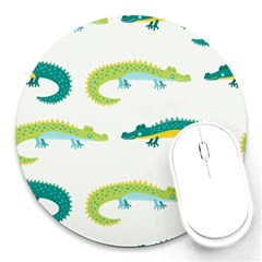 Cute Cartoon Alligator Kids Seamless Pattern With Green Nahd Drawn Crocodiles Round Mousepads by BangZart