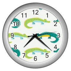 Cute cartoon alligator kids seamless pattern with green nahd drawn crocodiles Wall Clock (Silver)