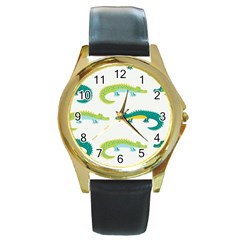 Cute cartoon alligator kids seamless pattern with green nahd drawn crocodiles Round Gold Metal Watch