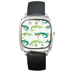 Cute cartoon alligator kids seamless pattern with green nahd drawn crocodiles Square Metal Watch