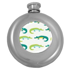 Cute cartoon alligator kids seamless pattern with green nahd drawn crocodiles Round Hip Flask (5 oz)