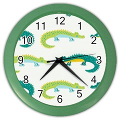 Cute cartoon alligator kids seamless pattern with green nahd drawn crocodiles Color Wall Clock