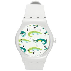 Cute cartoon alligator kids seamless pattern with green nahd drawn crocodiles Round Plastic Sport Watch (M)