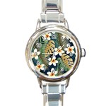 Seamless pattern with tropical flowers leaves exotic background Round Italian Charm Watch Front