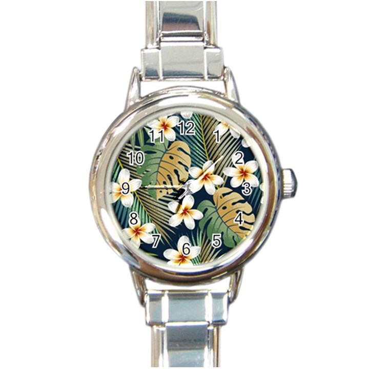 Seamless pattern with tropical flowers leaves exotic background Round Italian Charm Watch