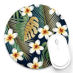 Seamless Pattern With Tropical Flowers Leaves Exotic Background Round Mousepads by BangZart