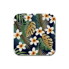 Seamless Pattern With Tropical Flowers Leaves Exotic Background Rubber Square Coaster (4 Pack)  by BangZart