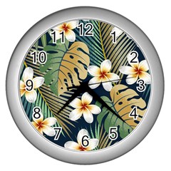 Seamless Pattern With Tropical Flowers Leaves Exotic Background Wall Clock (silver) by BangZart