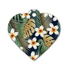 Seamless Pattern With Tropical Flowers Leaves Exotic Background Dog Tag Heart (two Sides) by BangZart