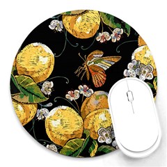 Embroidery Blossoming Lemons Butterfly Seamless Pattern Round Mousepads by BangZart