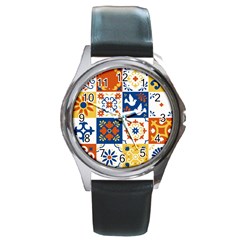 Mexican Talavera Pattern Ceramic Tiles With Flower Leaves Bird Ornaments Traditional Majolica Style Round Metal Watch