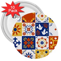 Mexican Talavera Pattern Ceramic Tiles With Flower Leaves Bird Ornaments Traditional Majolica Style 3  Buttons (10 Pack)  by BangZart