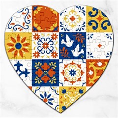 Mexican Talavera Pattern Ceramic Tiles With Flower Leaves Bird Ornaments Traditional Majolica Style Jigsaw Puzzle (heart) by BangZart