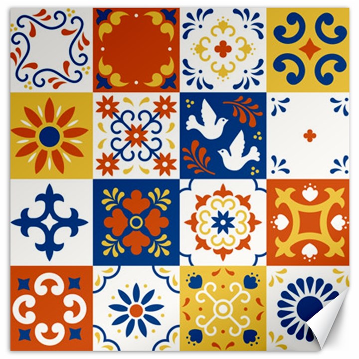 Mexican talavera pattern ceramic tiles with flower leaves bird ornaments traditional majolica style Canvas 12  x 12 