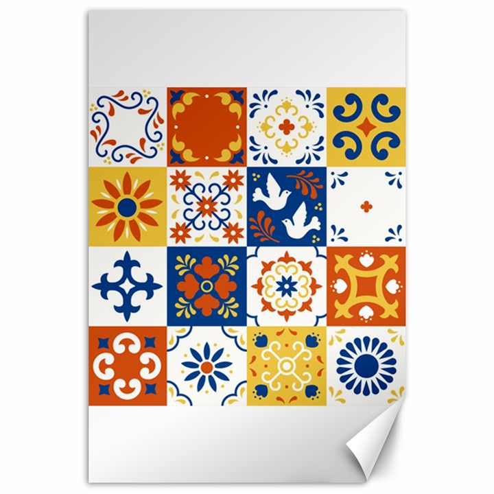 Mexican talavera pattern ceramic tiles with flower leaves bird ornaments traditional majolica style Canvas 24  x 36 