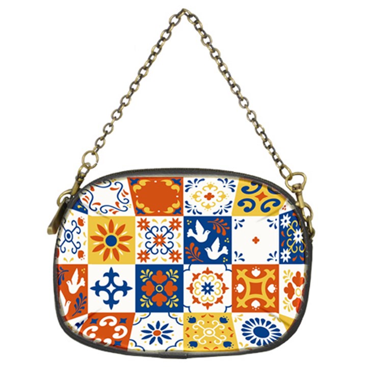 Mexican talavera pattern ceramic tiles with flower leaves bird ornaments traditional majolica style Chain Purse (Two Sides)