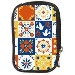 Mexican Talavera Pattern Ceramic Tiles With Flower Leaves Bird Ornaments Traditional Majolica Style Compact Camera Leather Case by BangZart