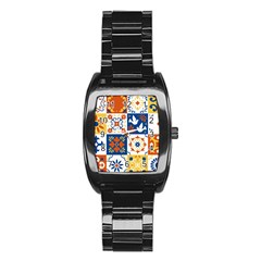 Mexican Talavera Pattern Ceramic Tiles With Flower Leaves Bird Ornaments Traditional Majolica Style Stainless Steel Barrel Watch