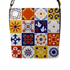 Mexican Talavera Pattern Ceramic Tiles With Flower Leaves Bird Ornaments Traditional Majolica Style Flap Closure Messenger Bag (l)