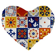 Mexican Talavera Pattern Ceramic Tiles With Flower Leaves Bird Ornaments Traditional Majolica Style Large 19  Premium Flano Heart Shape Cushions by BangZart