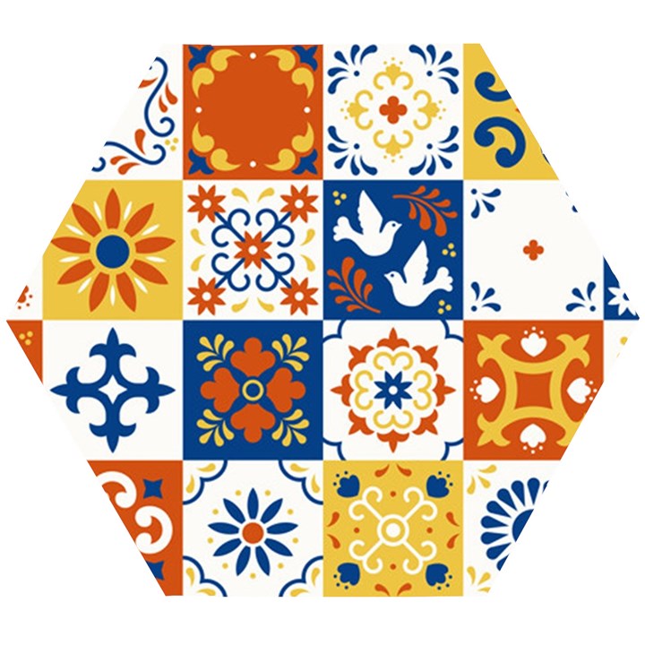 Mexican talavera pattern ceramic tiles with flower leaves bird ornaments traditional majolica style Wooden Puzzle Hexagon