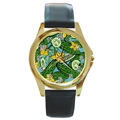 Seamless Pattern With Cucumber Slice Flower Colorful Hand Drawn Background With Vegetables Wallpaper Round Gold Metal Watch by BangZart