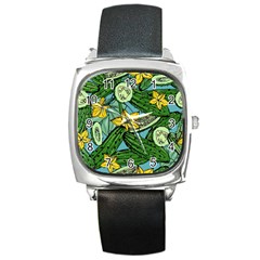 Seamless Pattern With Cucumber Slice Flower Colorful Hand Drawn Background With Vegetables Wallpaper Square Metal Watch by BangZart