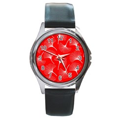 White Abstract Flowers On Red Round Metal Watch by Dushan